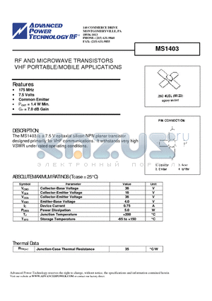 MS1403 datasheet - RF AND MICROWAVE TRANSISTORS VHF PORTABLE/MOBILE APPLICATIONS