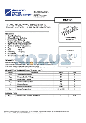MS1454 datasheet - RF AND MICROWAVE TRANSISTORS 806-960 MHZ CELLULAR BASE STATIONS