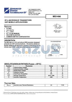 MS1490 datasheet - RF & MICROWAVE TRANSISTORS UHF MOBILE APPLICATIONS