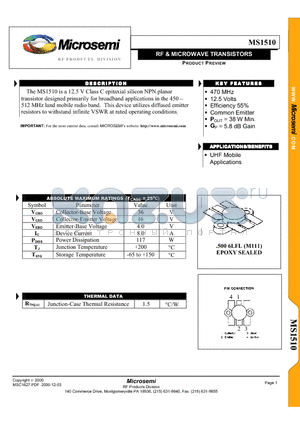 MS1510 datasheet - RF & MICROWAVE TRANSISTORS
