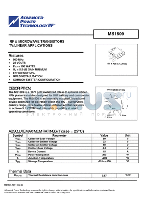 MS1509 datasheet - RF & MICROWAVE TRANSISTORS TV/LINEAR APPLICATIONS