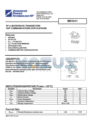 MS1511 datasheet - RF & MICROWAVE TRANSISTORS UHF COMMUNICATIONS APPLICATIONS