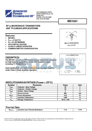 MS1501 datasheet - RF & MICROWAVE TRANSISTORS UHF TV/LINEAR APPLICATIONS