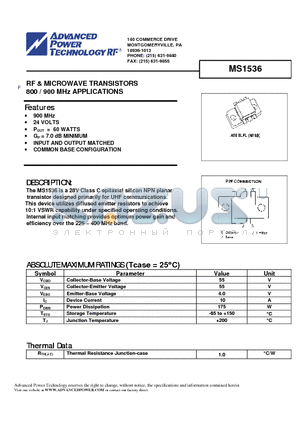 MS1536 datasheet - RF & MICROWAVE TRANSISTORS 800 / 900 MHz APPLICATIONS