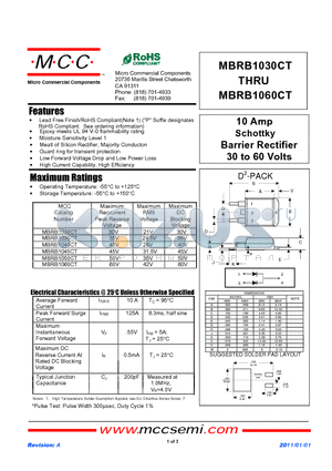 MBRB1030CT datasheet - 10 Amp Schottky Barrier Rectifier 30 to 60 Volts