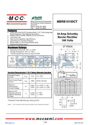 MBRB10100CT datasheet - 10 Amp Schottky Barrier Rectifier 100 Volts