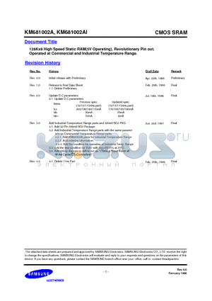 KM681002A-20 datasheet - 128Kx8 High Speed Static RAM5V Operating, Revolutionary Pin out. Operated at Commercial and Industrial Temperature Range.