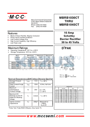 MBRB1035CT datasheet - 10 Amp Schottky Barrier Rectifier 30 to 45 Volts