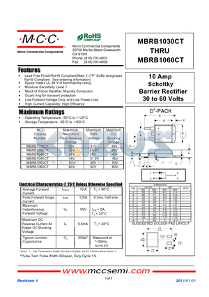 MBRB1035CT datasheet - 10 Amp Schottky Barrier Rectifier 30 to 60 Volts
