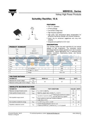 MBRB1035TRL datasheet - Schottky Rectifier, 10 A