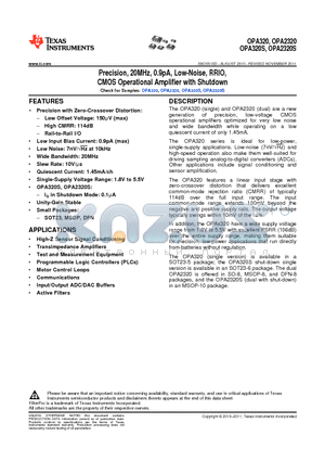 OPA2320AID datasheet - Precision, 20MHz, 0.9pA, Low-Noise, RRIO, CMOS Operational Amplifier with Shutdown