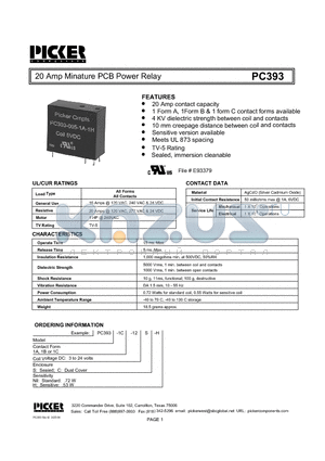 PC3931A-12S datasheet - 20 Amp Minature PCB Power Relay