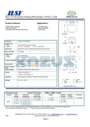 ISM68-2158BH-156.250 datasheet - 9mm x 14 mm Ceramic Package SMD Oscillator, LVPECL / LVDS