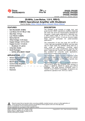OPA2322AIDGKR datasheet - 20-MHz, Low-Noise, 1.8-V, RRI/O, CMOS Operational Amplifier with Shutdown
