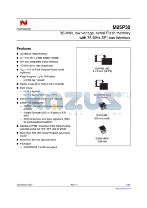 M25P32 datasheet - 32-Mbit, low voltage, serial Flash memory with 75 MHz SPI bus interface