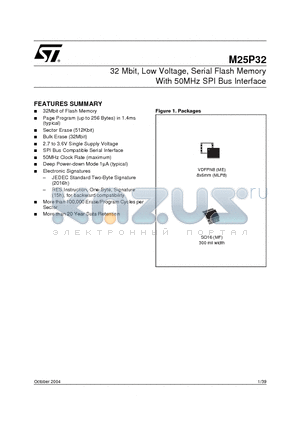 M25P32-VME6 datasheet - 32 Mbit, Low Voltage, Serial Flash Memory With 50MHz SPI Bus Interface