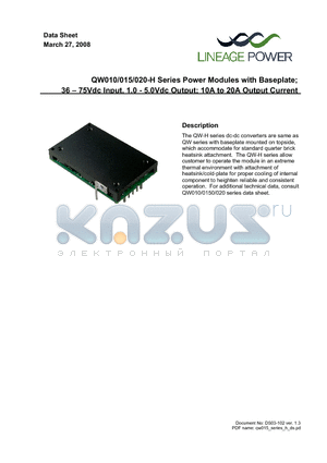 QW020A0G71-H datasheet - 36 - 75Vdc Input; 1.0Vdc to 5Vdc Output; 10A to 20A Output current