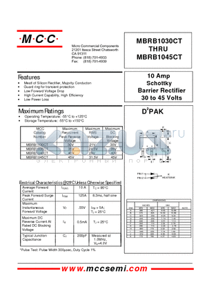 MBRB1045CT datasheet - 10 Amp Schottky Barrier Rectifier 30 to 45 Volts