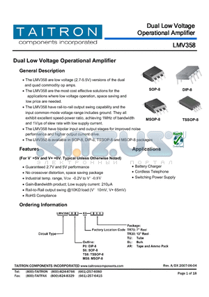 LMV358 datasheet - Dual Low Voltage Operational Amplifier