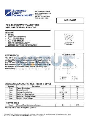 MS1642P datasheet - RF & MICROWAVE TRANSISTORS VHF, UHF GENERAL PURPOSE
