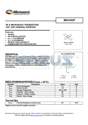 MS1642P datasheet - RF & MICROWAVE TRANSISTORS VHF, UHF GENERAL PURPOSE
