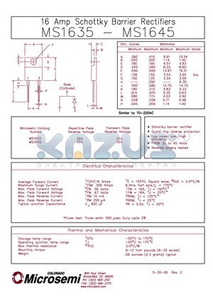 MS1645 datasheet - 16 AMP SCHOTTKY BARRIER RECTIFIER