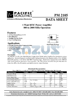 PM2105 datasheet - 1 WATT RFIC POWER AMPLIFIER 800 TO 2000 MHZ OPERATION