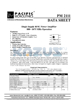 PM2111 datasheet - SINGLE SUPPLY RFIC POWER AMPLIFIER 800-1675 MHZ OPERATION