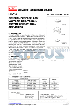 LMV358-S08-R datasheet - GENERAL PURPOSE, LOW VOLTAGE, RAIL-TO-RAIL OUTPUT OPERATIONAL AMPLIFIERS