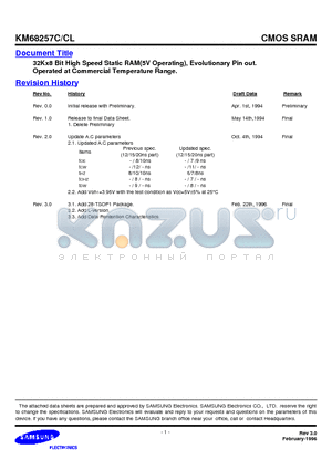 KM68257CLJ-12 datasheet - 32Kx8 Bit High Speed Static RAM(5V Operating(, Evolutionary Pin out. Operated at Commercial Temperature Range.