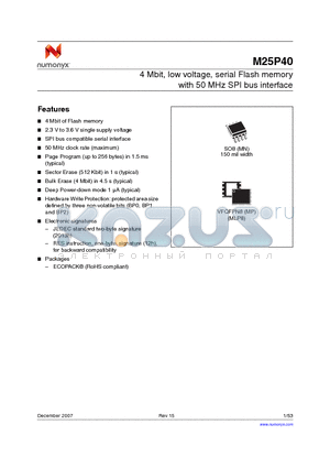 M25P40 datasheet - 4 Mbit, low voltage, serial Flash memory with 50 MHz SPI bus interface