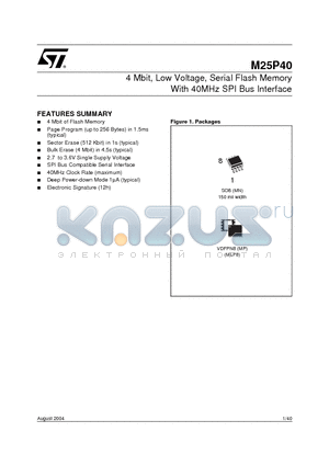 M25P40-VMN3G datasheet - 4 Mbit, Low Voltage, Serial Flash Memory With 40MHz SPI Bus Interface