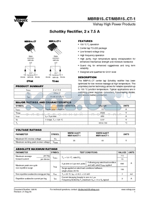 MBRB1535CTTRL datasheet - Schottky Rectifier, 2 x 7.5 A