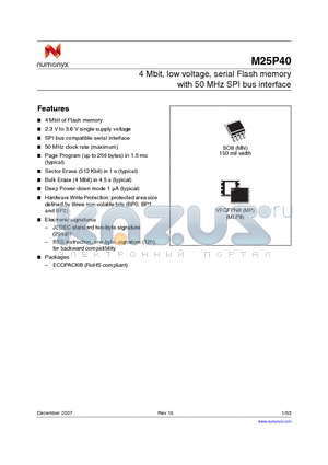 M25P40-VMP3G/X datasheet - 4 Mbit, low voltage, serial Flash memory with 50 MHz SPI bus interface