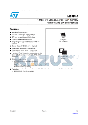 M25P40-VMN6TP/X datasheet - 4 Mbit, low voltage, serial Flash memory with 50 MHz SPI bus interface