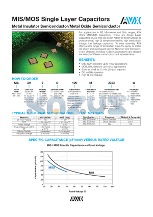 MS20 datasheet - MIS/MOS Single Layer Capacitors Metal Insulator Semiconductor/Metal Oxide Semiconductor