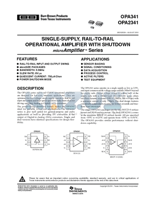 OPA2341 datasheet - SINGLE-SUPPLY, RAIL-TO-RAIL OPERATIONAL AMPLIFIER WITH SHUTDOWN microAmplifier  Series