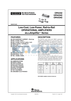 OPA2342UAG4 datasheet - Low-Cost, Low-Power, Rail-to-Rail OPERATIONAL AMPLIFIERS MicroAmplifier  Series