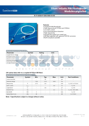 R-11-055-P-SSC datasheet - 55um InGaAs PIN Photodiode Modules-pigtailed