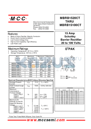 MBRB1560CT datasheet - 15 Amp Schottky Barrier Rectifier 20 to 100 Volts