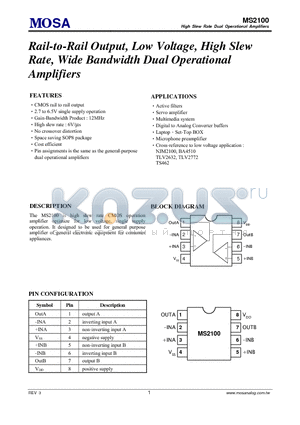 MS2100 datasheet - Rail-to-Rail Output Low Voltage, High Slew Rate, Wide Bandwidth Dual Operational Amplifiers