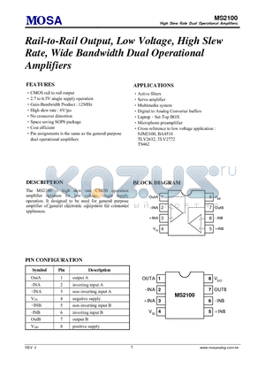 MS2100_1 datasheet - Rail-to-Rail Output, Low Voltage, High Slew Rate, Wide Bandwidth Dual Operational Amplifiers