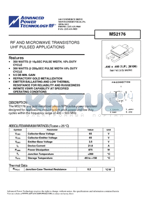 MS2176 datasheet - RF AND MICROWAVE TRANSISTORS UHF PULSED APPLICATIONS