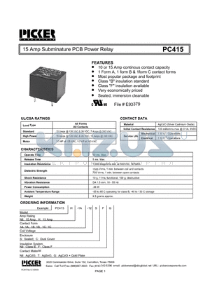 PC4151A-12CFT datasheet - 15 Amp Subminature PCB Power Relay