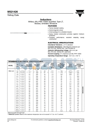 MS21426 datasheet - Inductors Military, MIL-PRF-15305 Qualified, Type LT, Molded, Shielded, Miniature