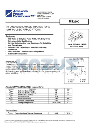 MS2200 datasheet - RF AND MICROWAVE TRANSISTORS UHF PULSED APPLICATIONS