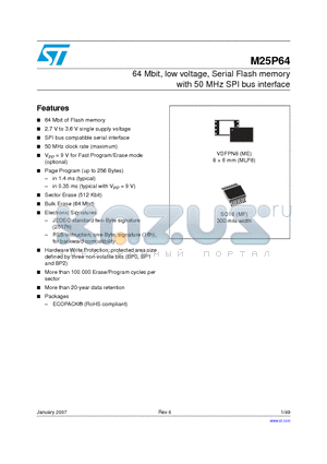 M25P64-VME6TG datasheet - 64 Mbit, Low Voltage, Serial Flash Memory With 50MHz SPI Bus Interface