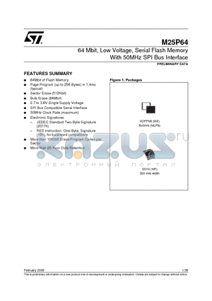 M25P64-VMF6 datasheet - 64 Mbit, Low Voltage, Serial Flash Memory With 50MHz SPI Bus Interface