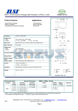 ISM68-7458AH-156.250 datasheet - 9mm x 14 mm Ceramic Package SMD Oscillator, LVPECL / LVDS