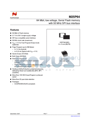 M25P64-VME6P datasheet - 64 Mbit, low voltage, Serial Flash memory with 50 MHz SPI bus interface